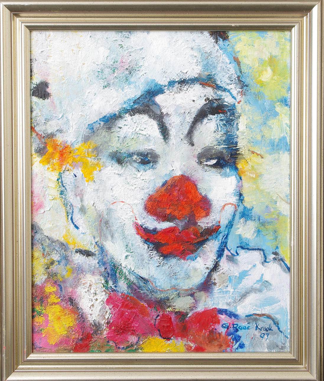OIDENTIFIERAD KONSTNÄR. Clown, olja på duk, signerad G. Raae Krook 97.