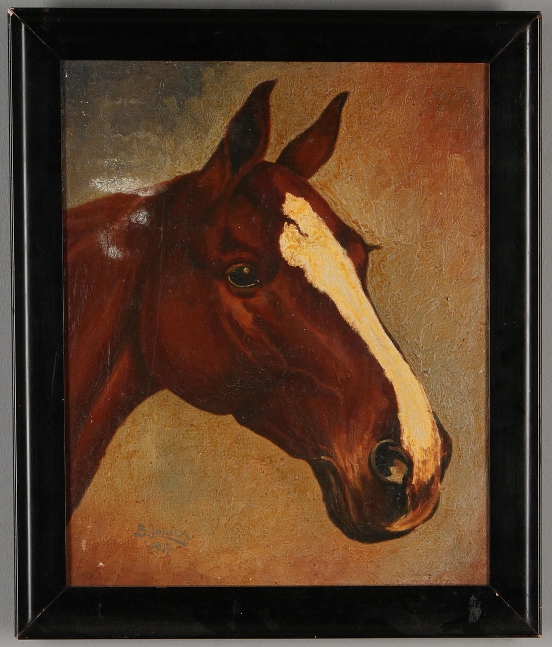OKÄND KONSTNÄR. Hästporträtt, olja på duk, signerad och daterad B. Lorich? 1917.