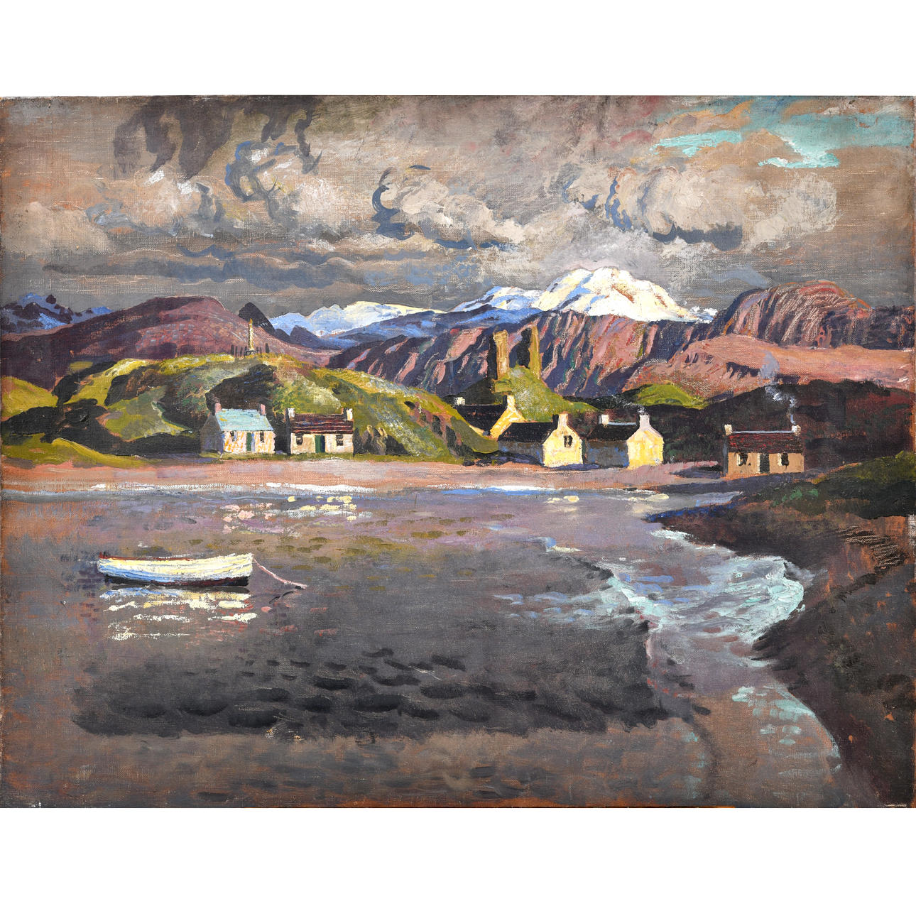STEPHEN BONE (1904-1958). COTTAGES IN A COVE, MOUNTAINS BEYOND.
