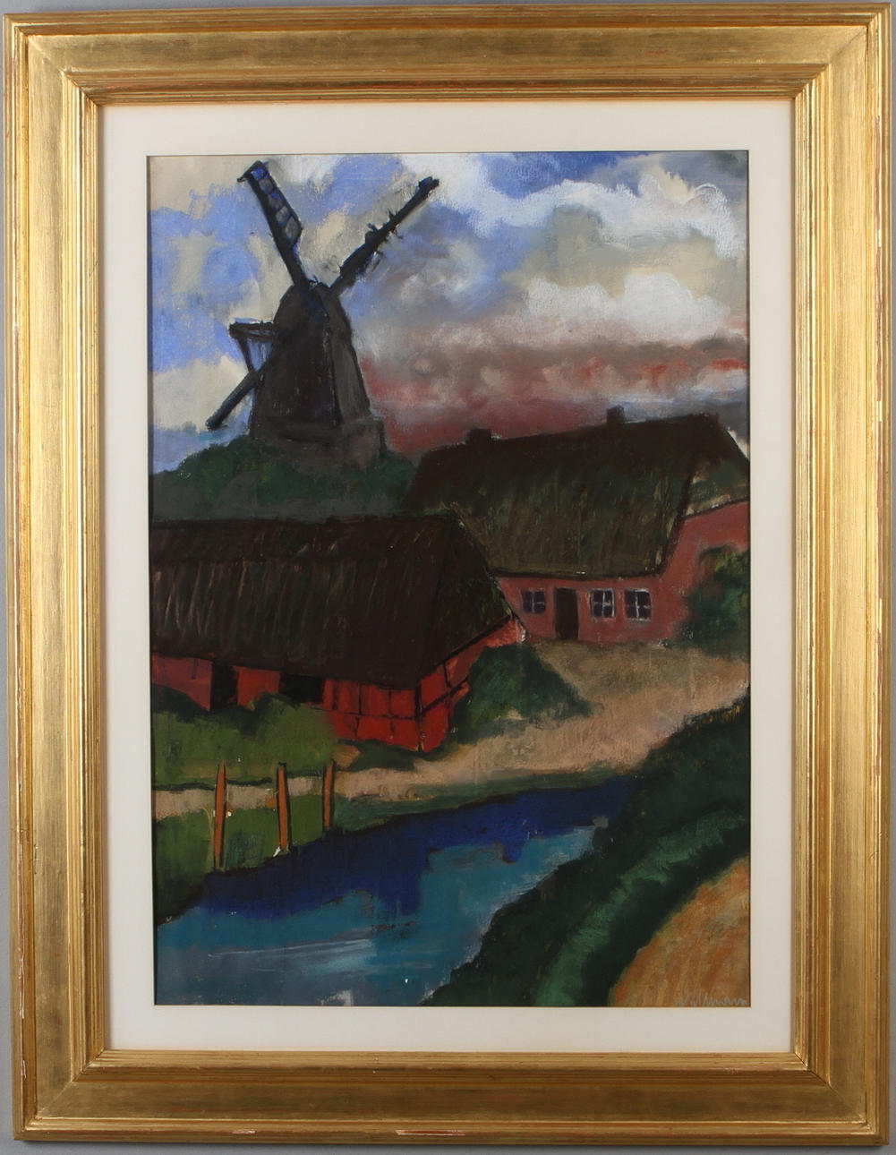 HANS JÜRGEN KALLMANN. Gårdsmotiv med väderkvarn, pastell, signerad.