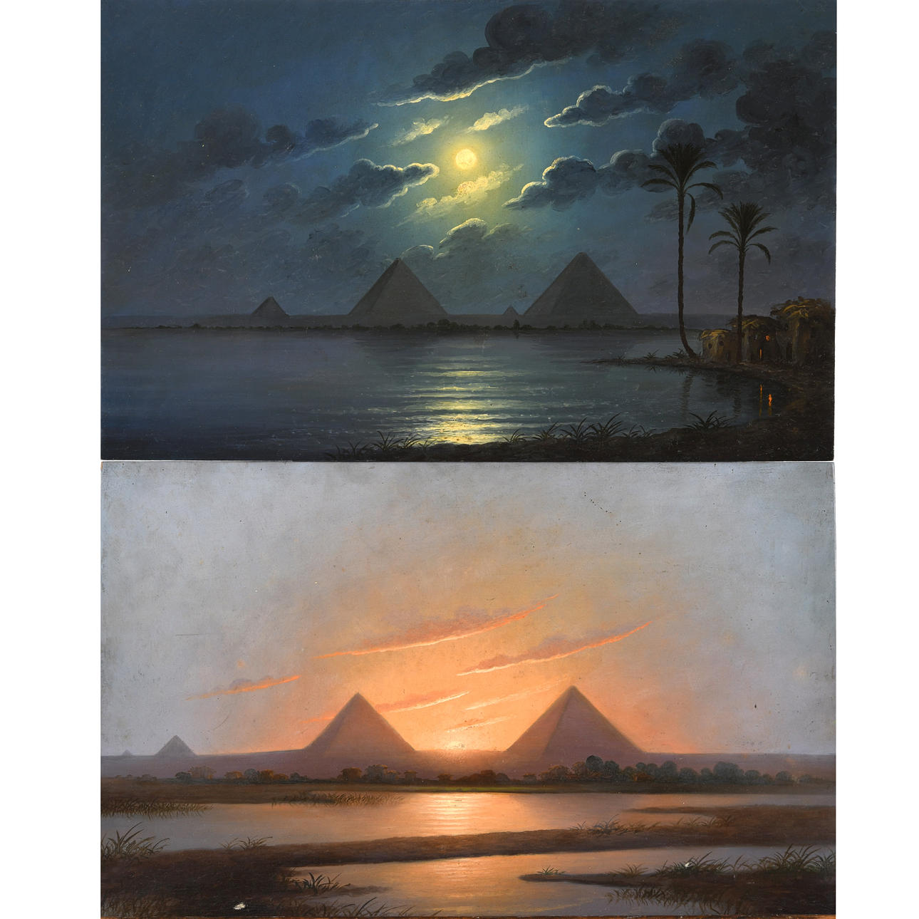 FOLLOWER OF KARL PAUL THEMISTOCLES VON ECKENBRECHER (1842-1921). THE PYRAMIDS OF GIZA, EGYPT: SUNDOWN, MOONLIGHT.