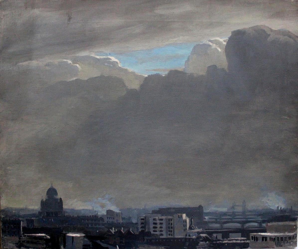 STEPHEN BONE (1904-1958). LONDON VIEW TOWARDS TOWER BRIDGE, UNDER A STORMY SKY.