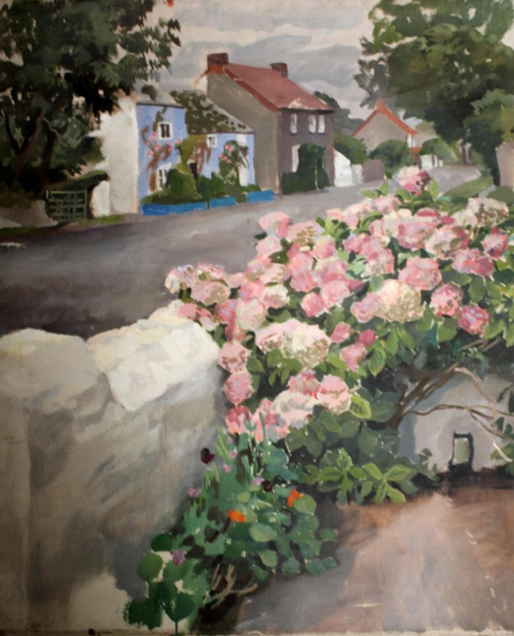 STEPHEN BONE (1904-1958). A FLOWER BED IN A VILLAGE GARDEN.