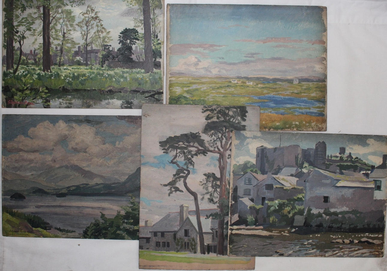 STEPHEN BONE (1904-1958). THE CASTLE, HAVERFORDWEST; DARTINGTON (1957); DERWENTWATER FROM MANESTY (1933); DUNLOUGHAN SANDS AND ESKIMORE; OXFORD (?)