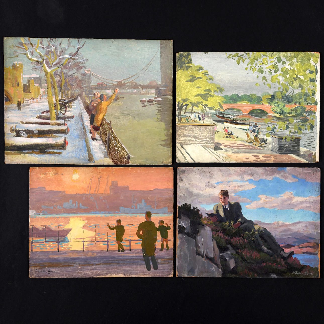 STEPHEN BONE (1904-1958). LADIES ON THE EMBANKMENT; ACROSS THE THAMES, SUNSET; LEISURE SCENE (BY THE THAMES?); YOUNG MAN READING.