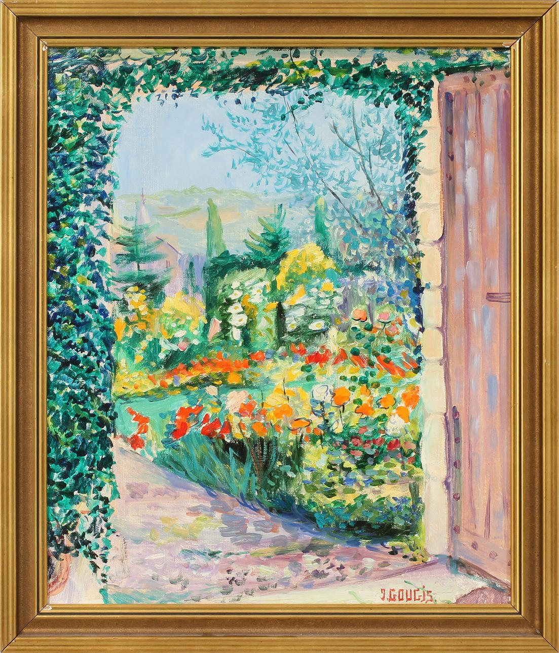 JAQUELINE GOUGIS. "Porte ouverte sur le jardin", olja på duk, signerad.