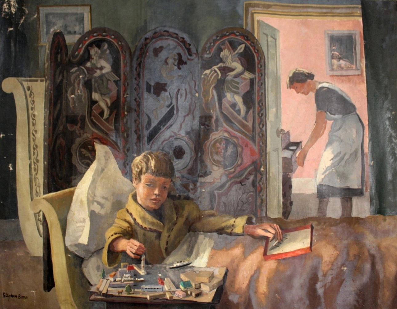 STEPHEN BONE (1904-1958). THE ARTIST'S WIFE, MARY, WITH A SON.