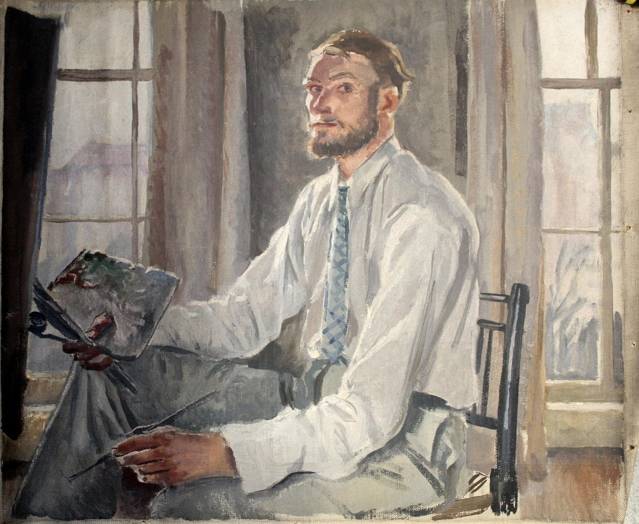 STEPHEN BONE (1904-1958). SELF PORTRAIT OF THE ARTIST IN HIS STUDIO.