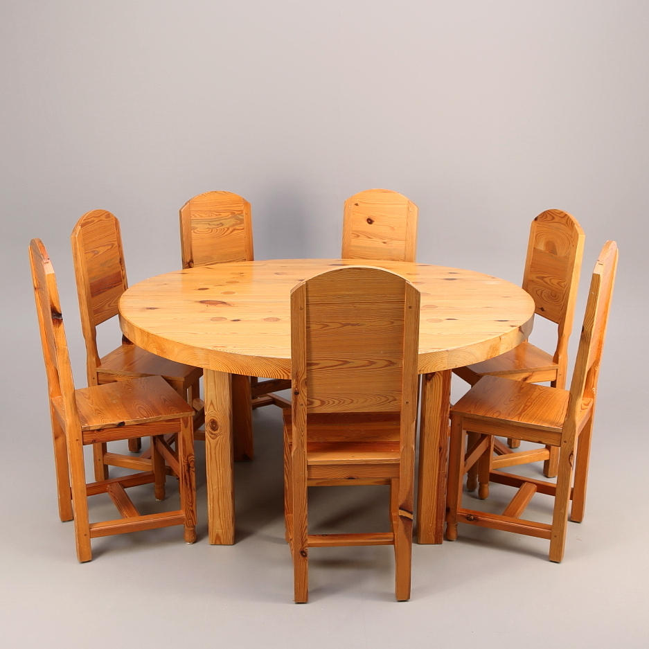 MATGRUPP, 8 delar, furu, runt bord + 7 stolar, Wards Ateliéer - Tibro, 1960/70-tal.