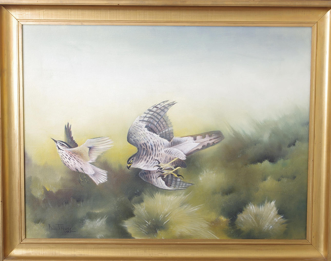 OIDENTIFIERAD KONSTNÄR. Rovfågelsjakt, olja på duk, signerad Bror Thure -76.