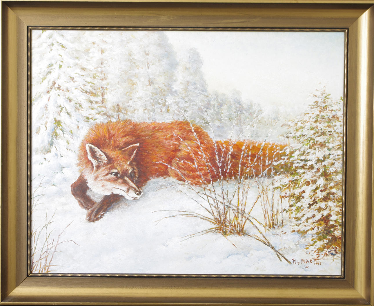 OIDENTIFIERAD KONSTNÄR. Räv i vinterlandskap, olja på pannå, signerad R-g. Mörk 1945.