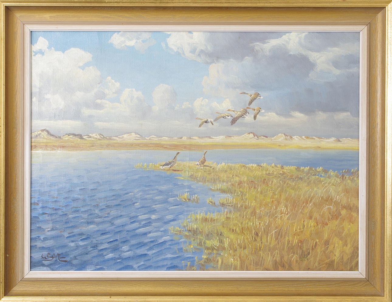 LEO MÖLLER. Flygande gäss, olja på duk, monogramsinerad.