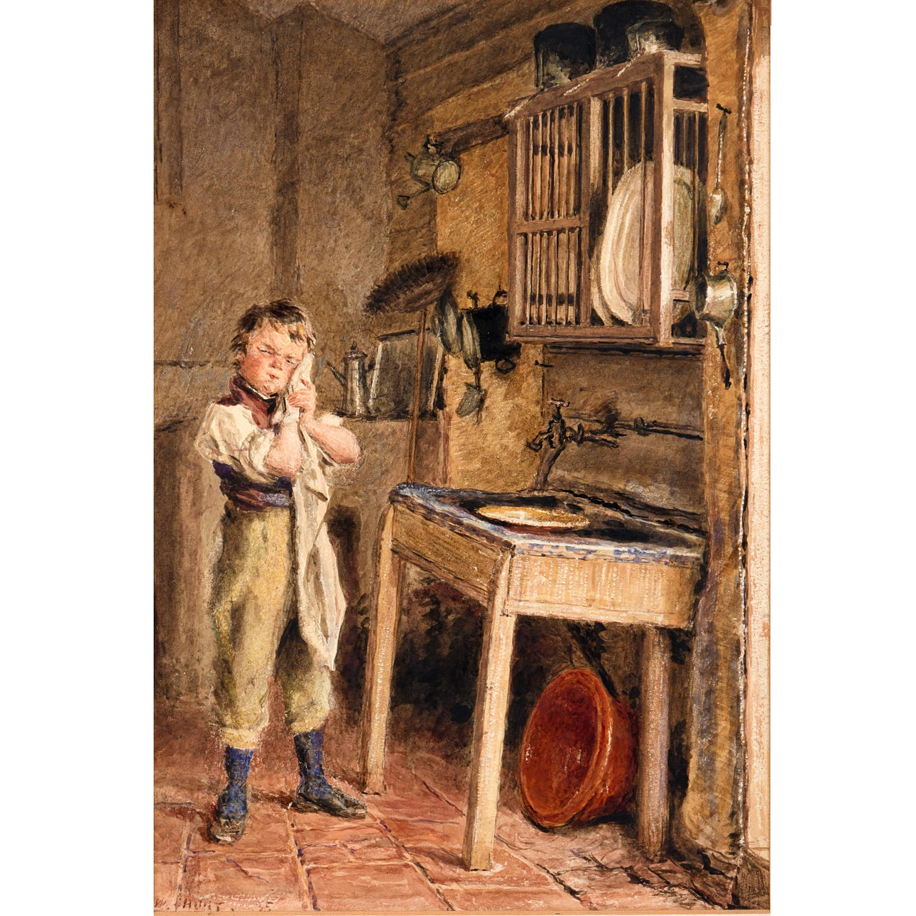 WILLIAM HENRY HUNT (1790-1864). A YOUNG BOY WASHING AT THE KITCHEN SINK.