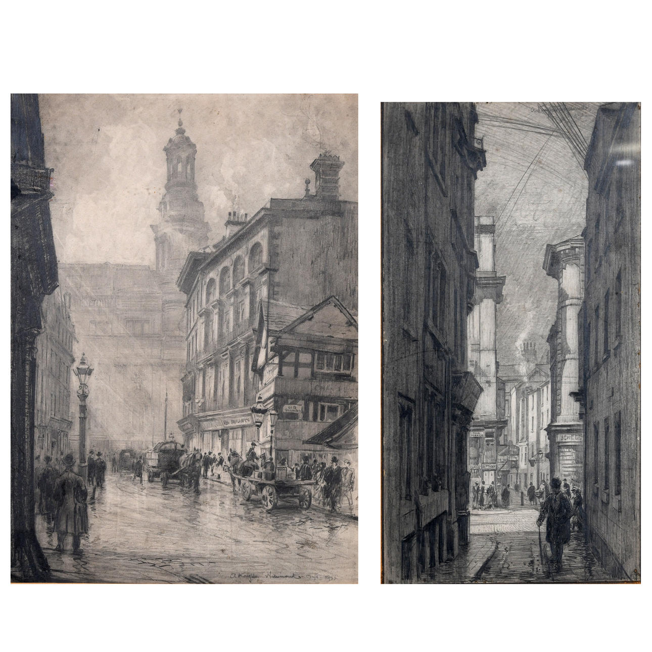 ARTHUR HENRY KNIGHTON HAMMOND (1875-1970). MANCHESTER: CROMFORD COURT LOOKING ACROSS CORPORATION STREET TO BULL'S HEAD YARD; NEAR THE ROYAL EXCHANGE.