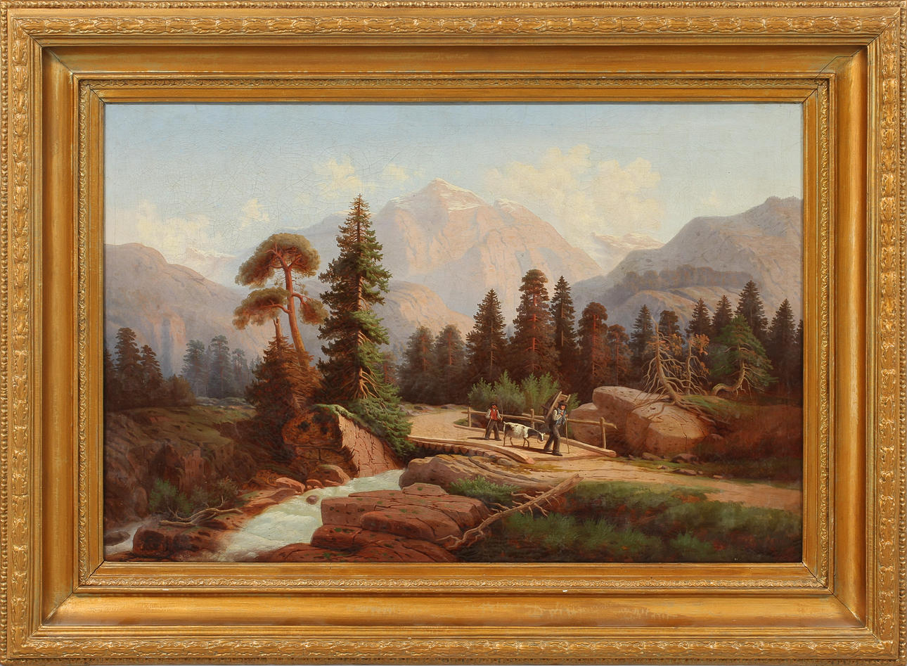 OIDENTIFIERAD KONSTNÄR. Berglandskap med figurer, olja på duk, signerad C.R.F 1864.