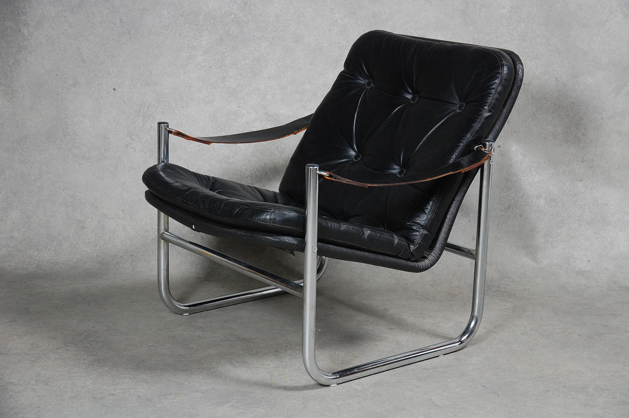 FÅTÖLJ, skinn, troligen IKEA 1970-tal.