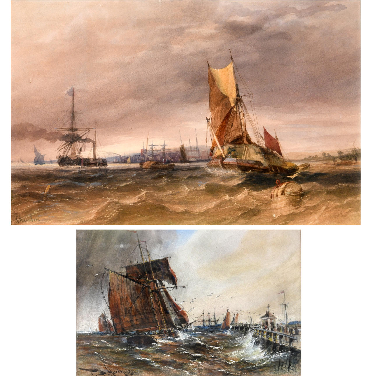 THOMAS BUSH HARDY (1842-1897). FISHING BOATS OFF A JETTY IN CHOPPY WATERS.