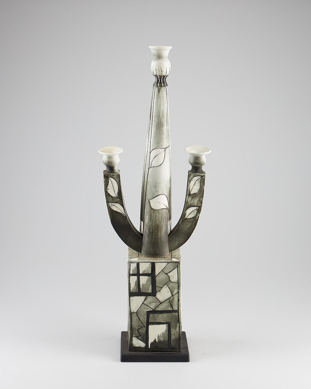HELJÄ LIUKKO-SUNDSTRÖM. CANDLESTICK, signed and dated 1991, ceramic on wooden base, Arabia Finland.