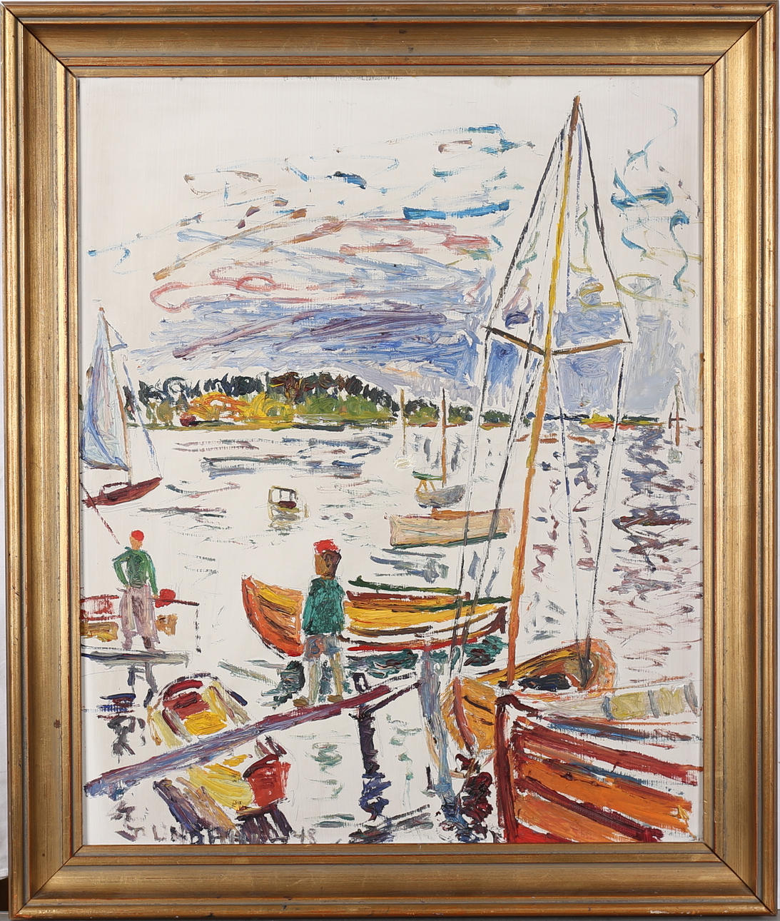 STEN LINDAHL. Kustmotiv med båtar och figurer. Olja på pannå, signerad och daterad -48.