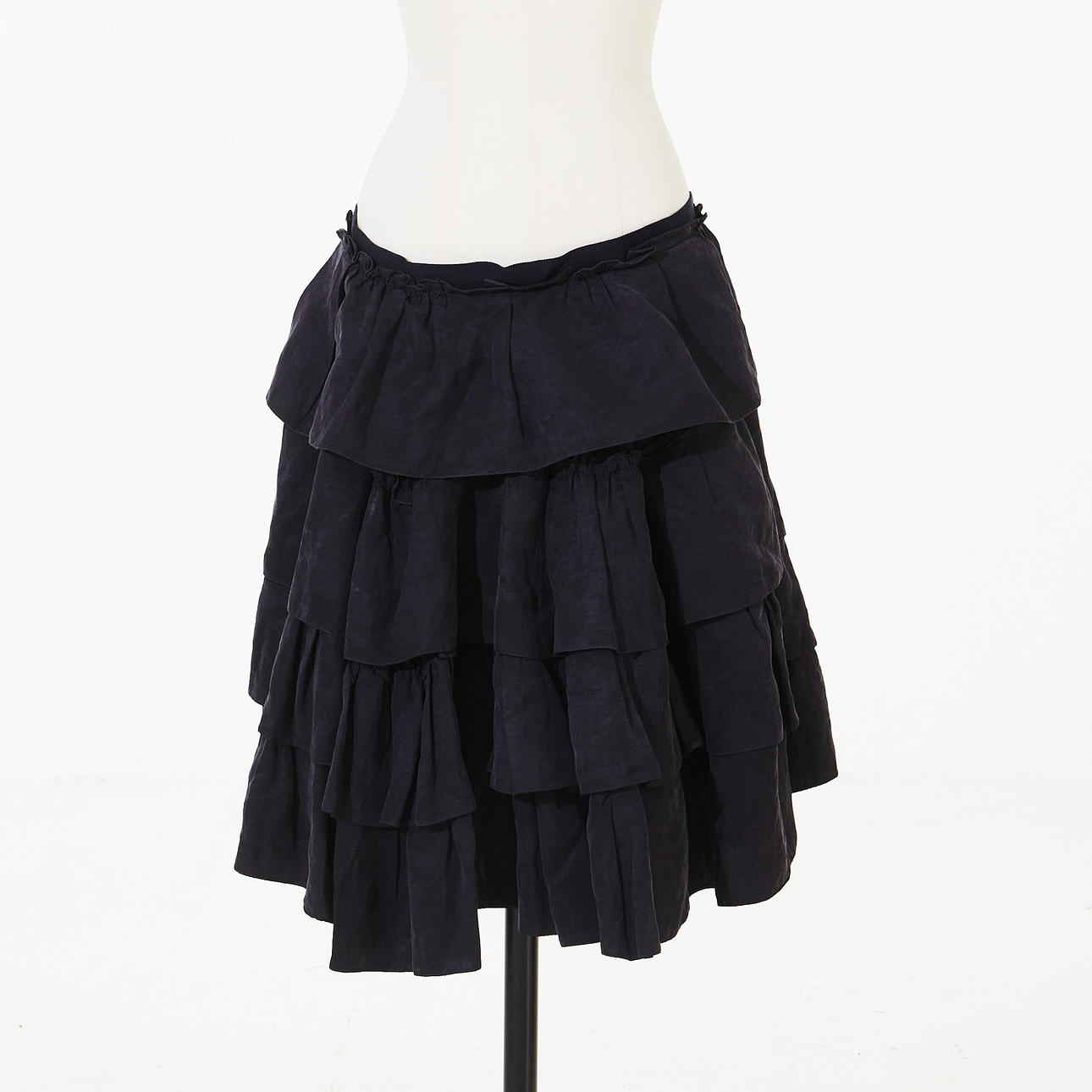 LANVIN, skirt in dark blue linen blend with four-layer frill.