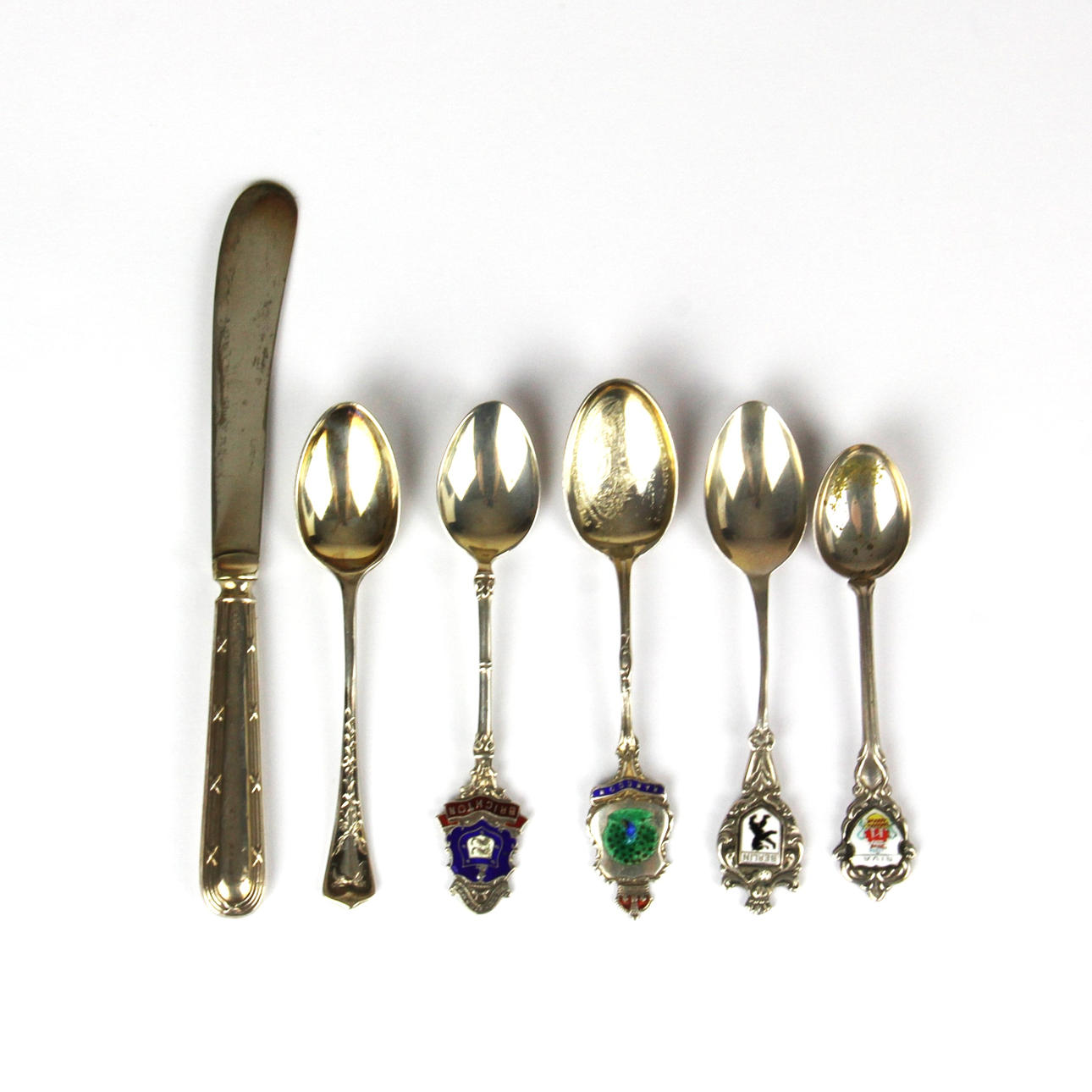 SILVER COLLECTORS SPOONS & KNIFE.