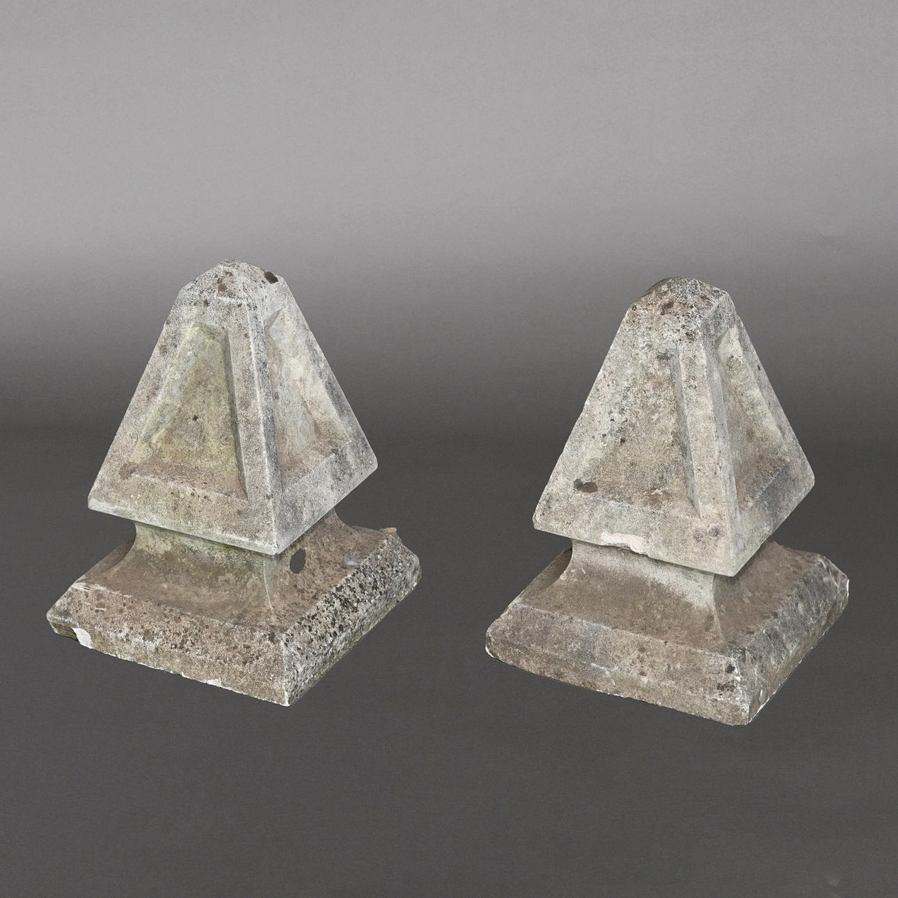 A PAIR OF COMPOSITE STONE PYRAMID FINIALS. Garden & Architectural ...