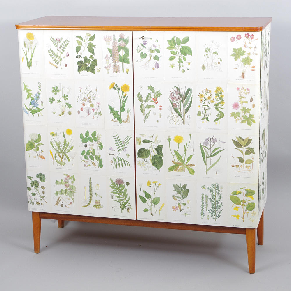 SKÅP, mahogny klätt med bilder ur, "Nordens Flora" C. A. M. Lidman.