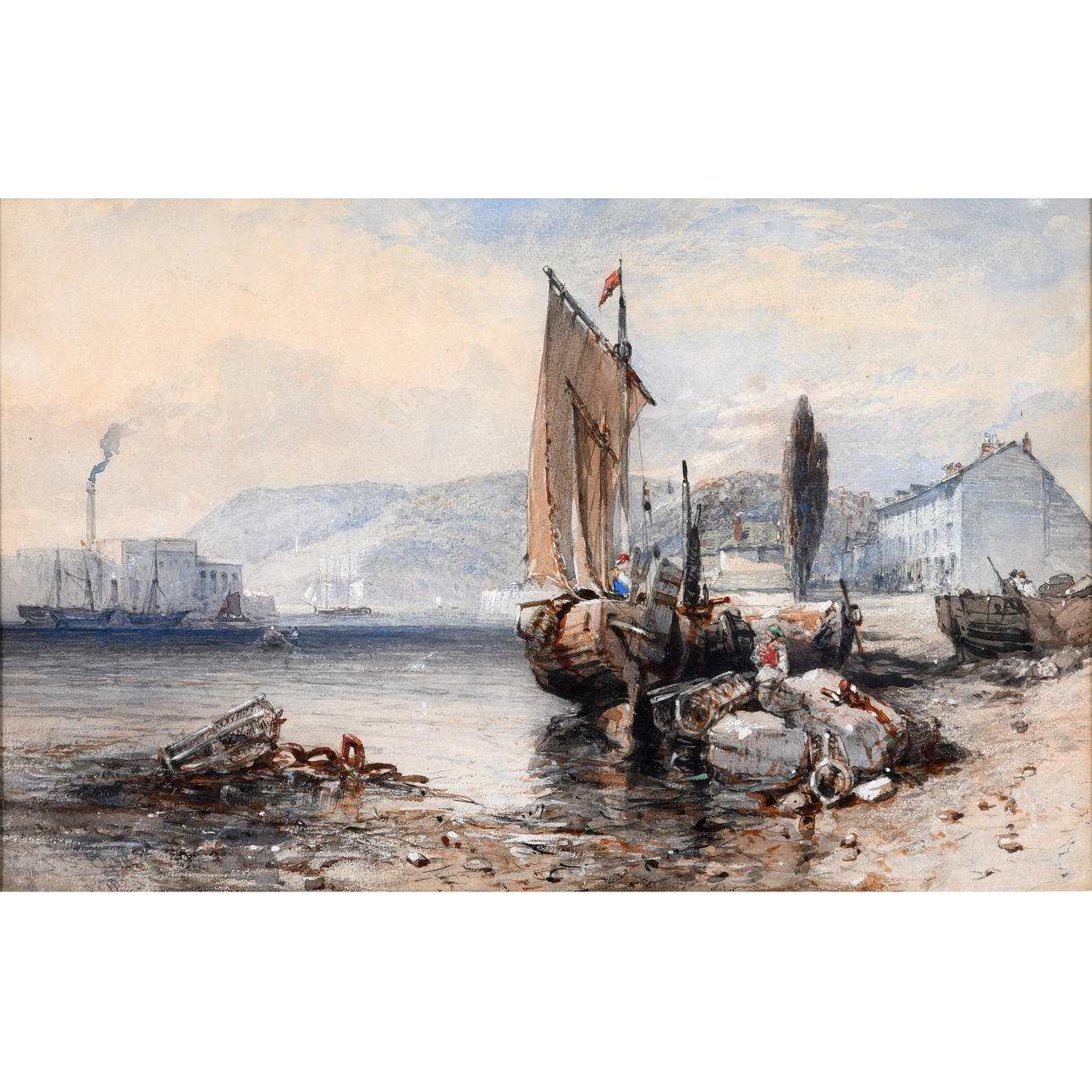 JOHN SKINNER PROUT (1806-1876). BEACHED BOATS IN A HARBOUR.