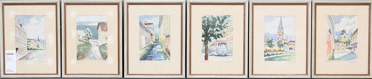 GUSTAF FOGELBERG. Akvareller, 6 st, Jönköpingsmotiv.
