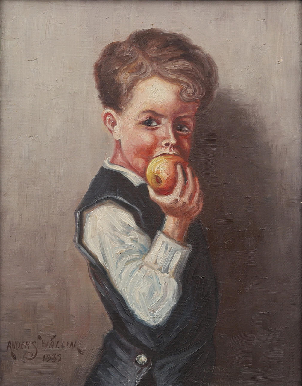 ANDERS WALLIN. Boy with apple, oil on Board, signed 1933.