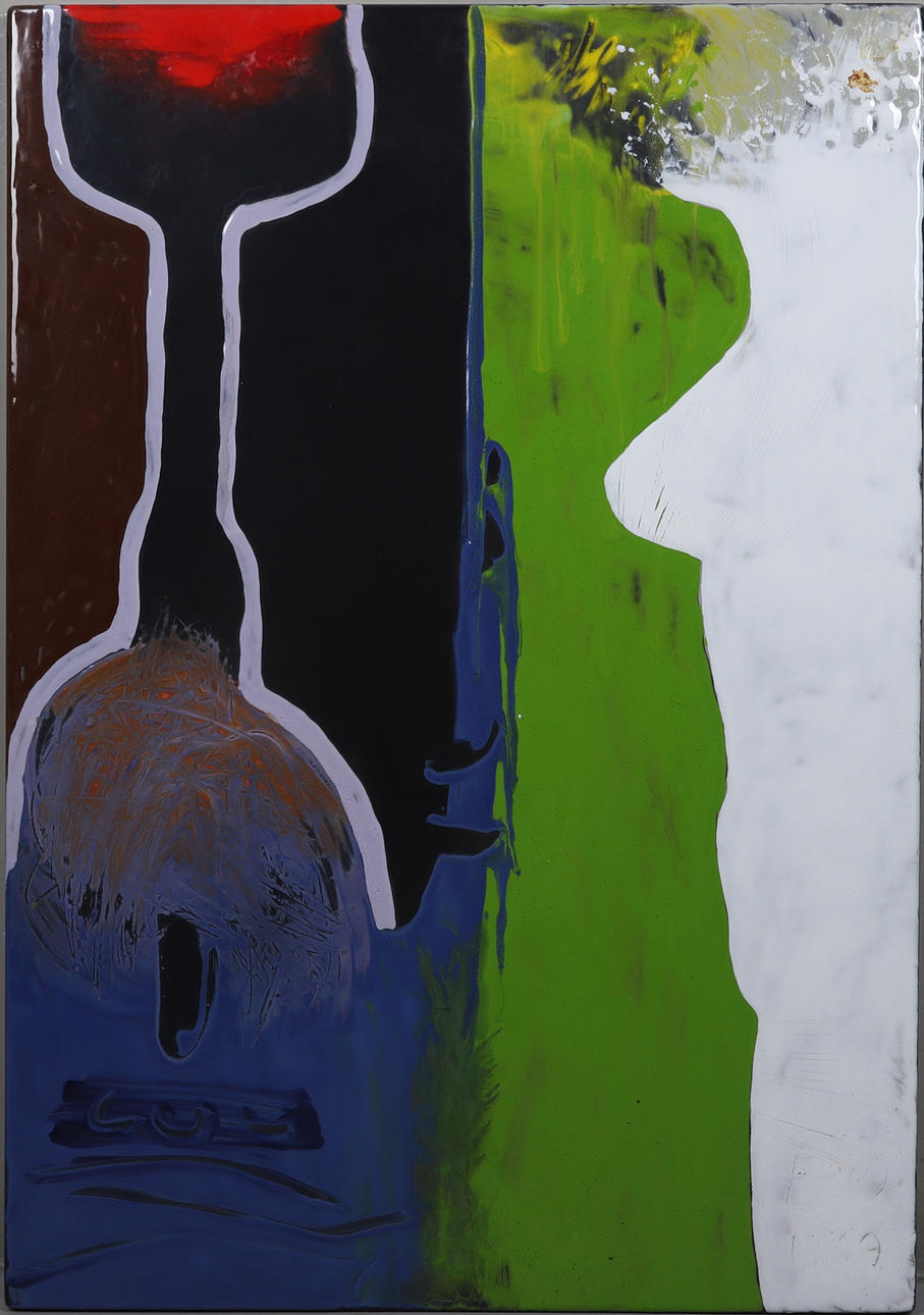 OIDENTIFIERAD KONSTNÄR. enamel painting, monogram signed and dated 1969.