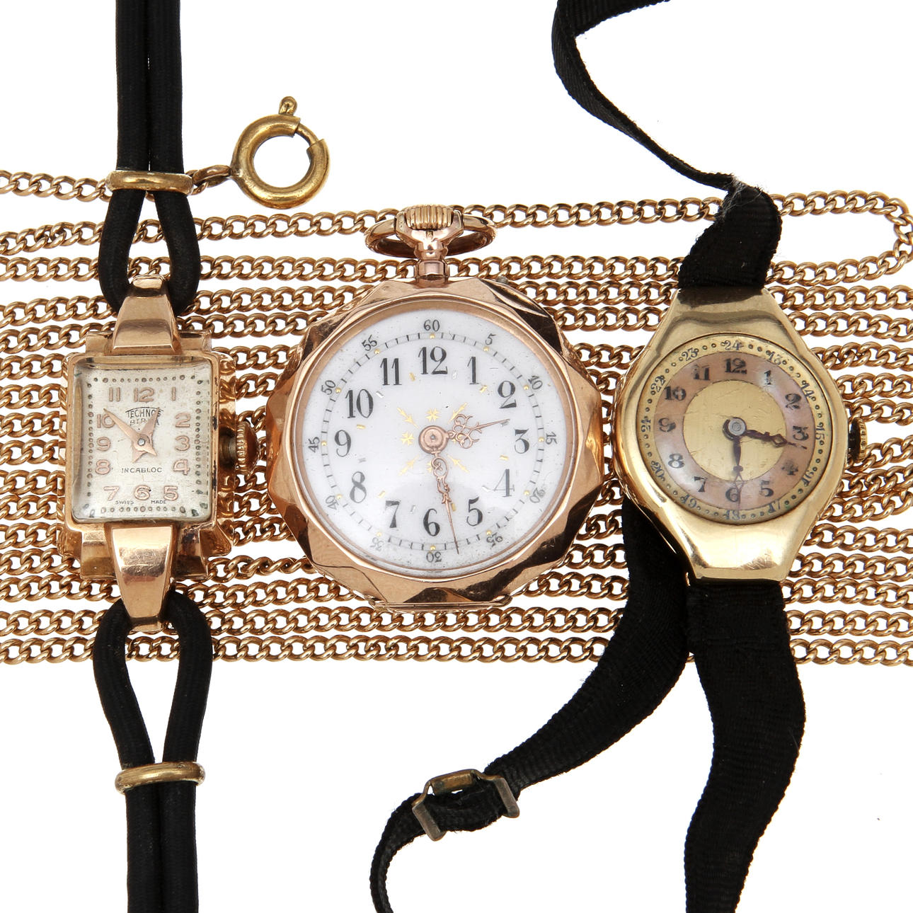 ARMBANDSUR 2st samt FICKUR, 14 och 18 k, totalvikt ca 42 gram.