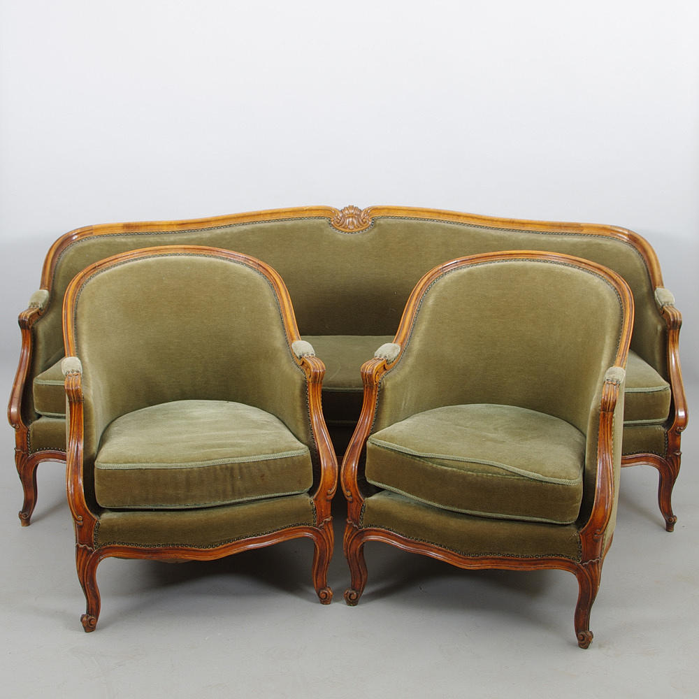 SALONGSGRUPP, grön plysch, rokokostil.