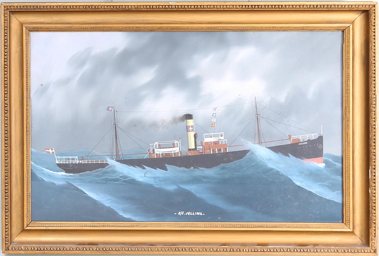 OIDENTIFIERAD KONSTNÄR. Skeppsporträtt, S/S Jelling, akvarell, Danmark.