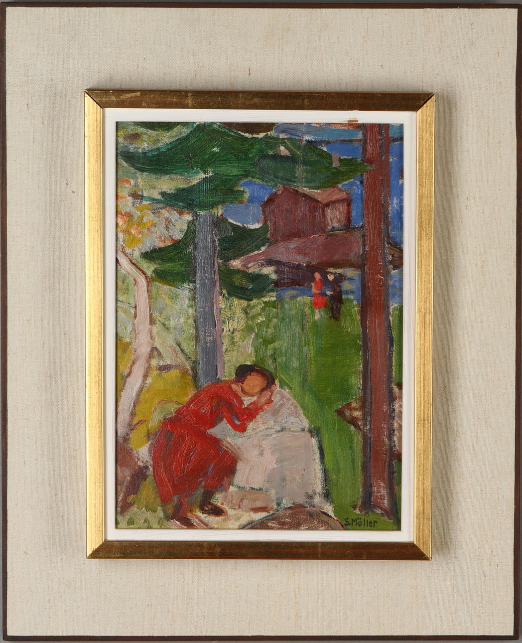 SIGURD MÖLLER. Landskap med figurer, olja på pannå, signerad.