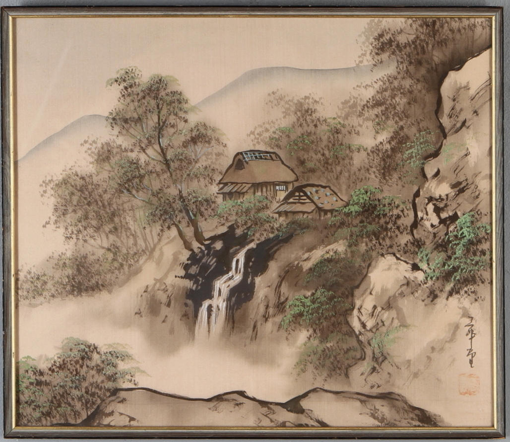 SIDENMÅLNING, Hus vid vattenfall, Kina.