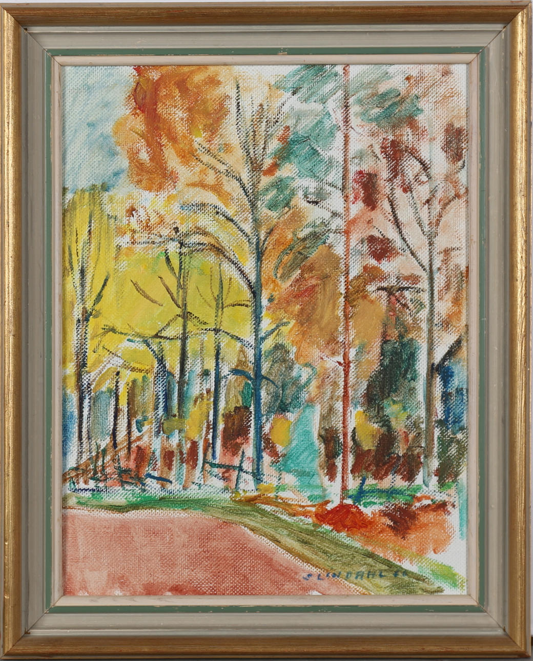 STEN LINDAHL. Skogsväg med gärdesgård. Olja på duk, signerad och daterad 66.