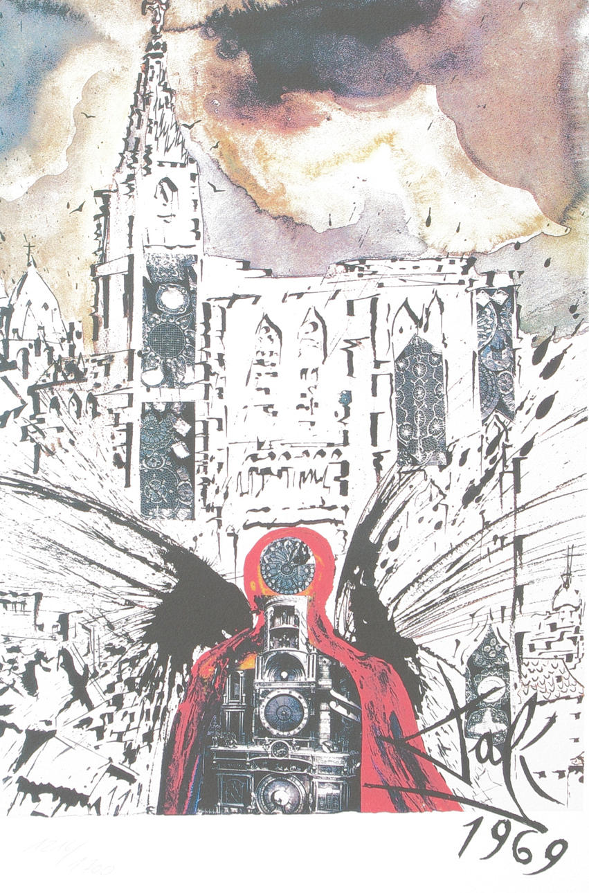 SALVADOR DALI. EFTER. Komposition med kyrka, litografi 1984, vattenstämplad.