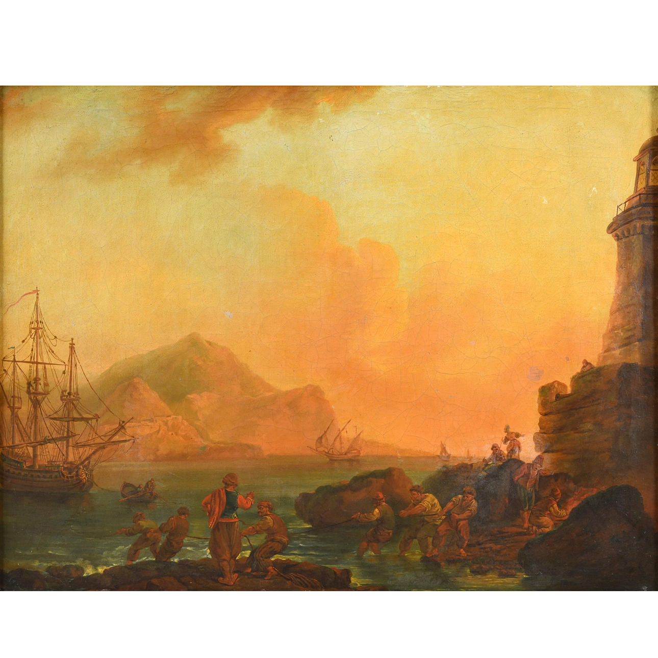 FOLLOWER OF JOSEPH VERNET (1714-1789). SAILORS WORKING ON A ROCKY COAST BELOW A LIGHTHOUSE, POSSIBLY ITALY.