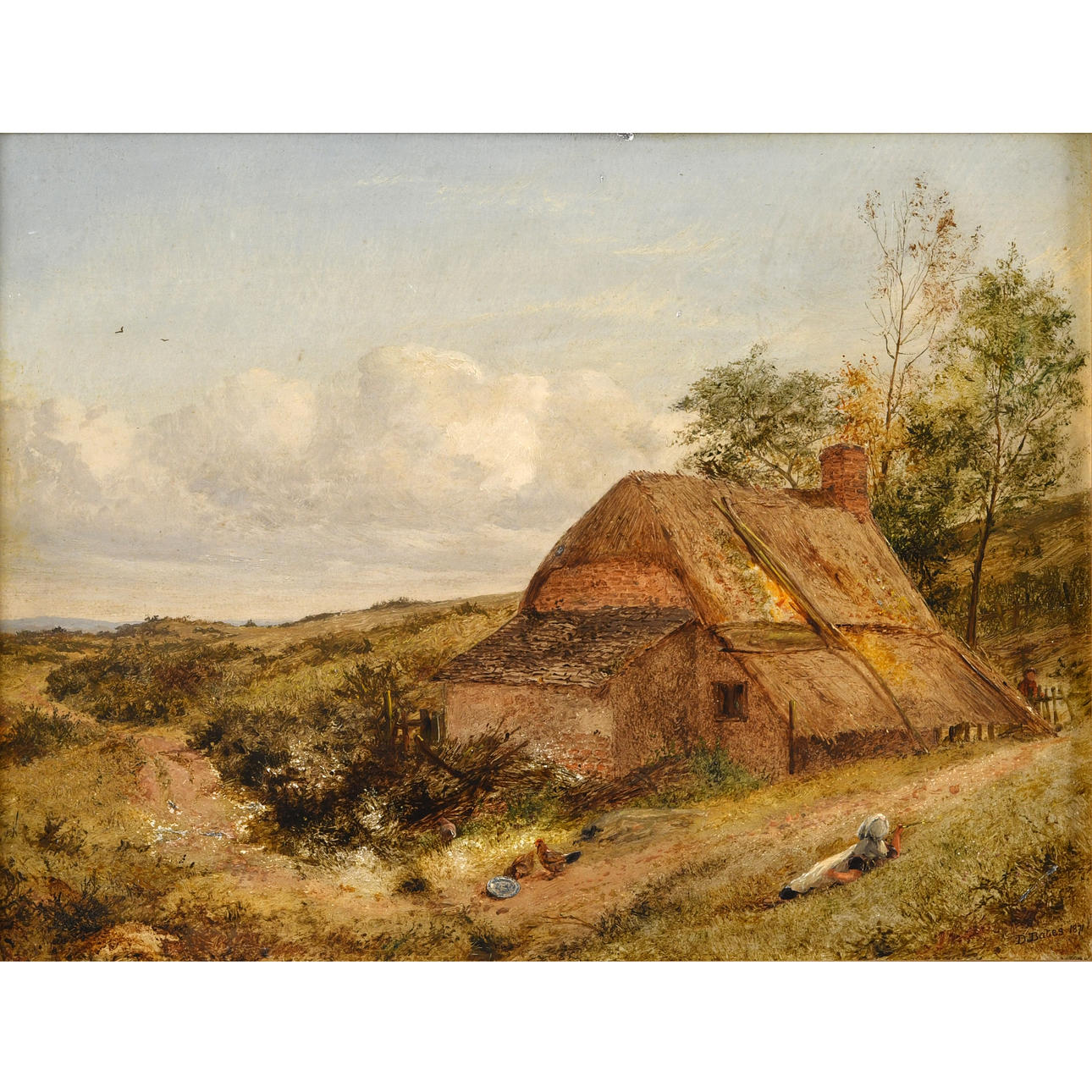 DAVID BATES (1840-1921). CHILD WITH POULTRY BY A THATCHED COTTAGE.