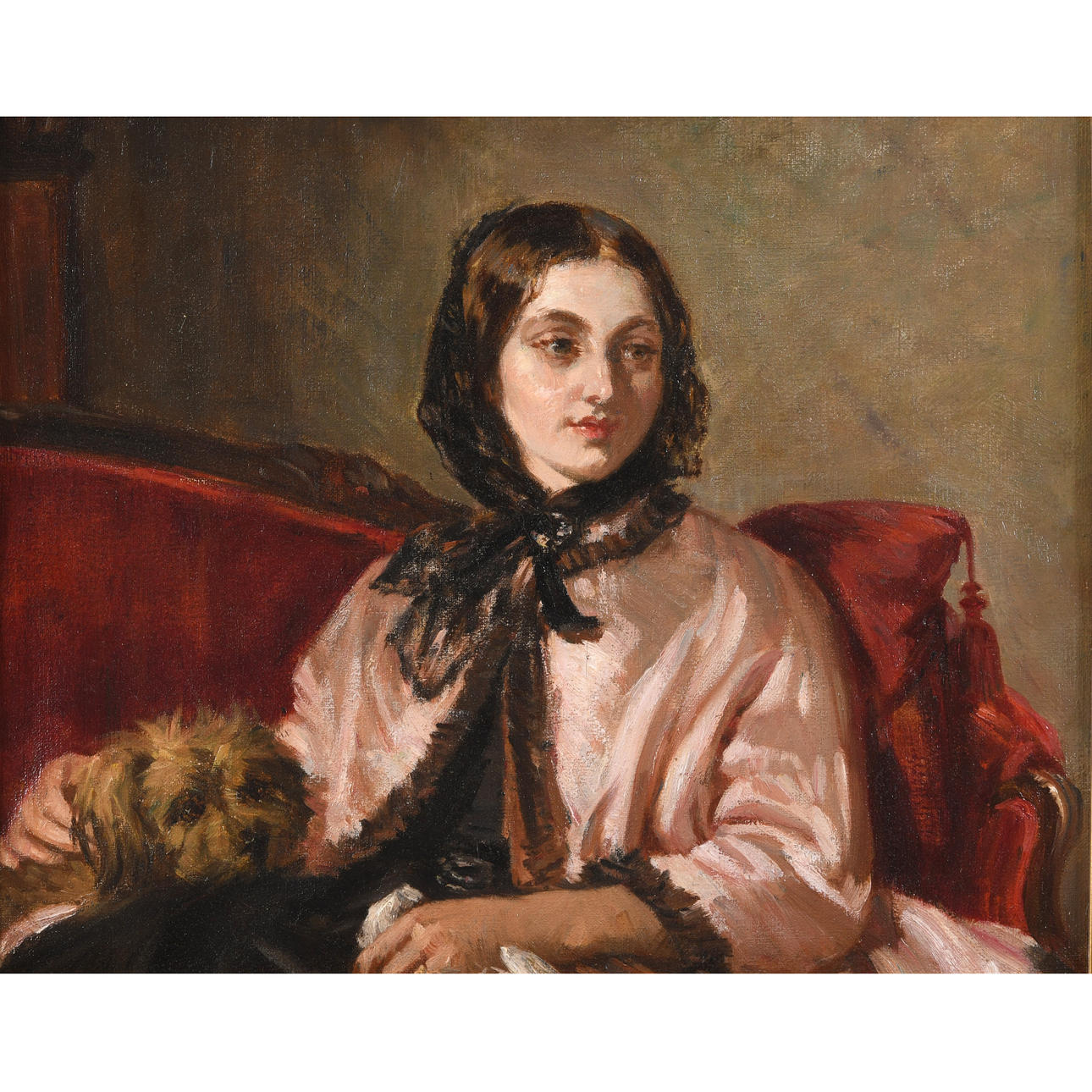 FOLLOWER OF ABRAHAM SOLOMON (1823-1862). LADY SEATED WITH HER FAVOURITE DOG.
