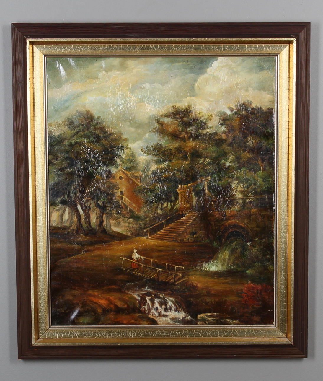 OKÄND KONSTNÄR. Kvinna på bro. Olja på duk. 1900-tal.