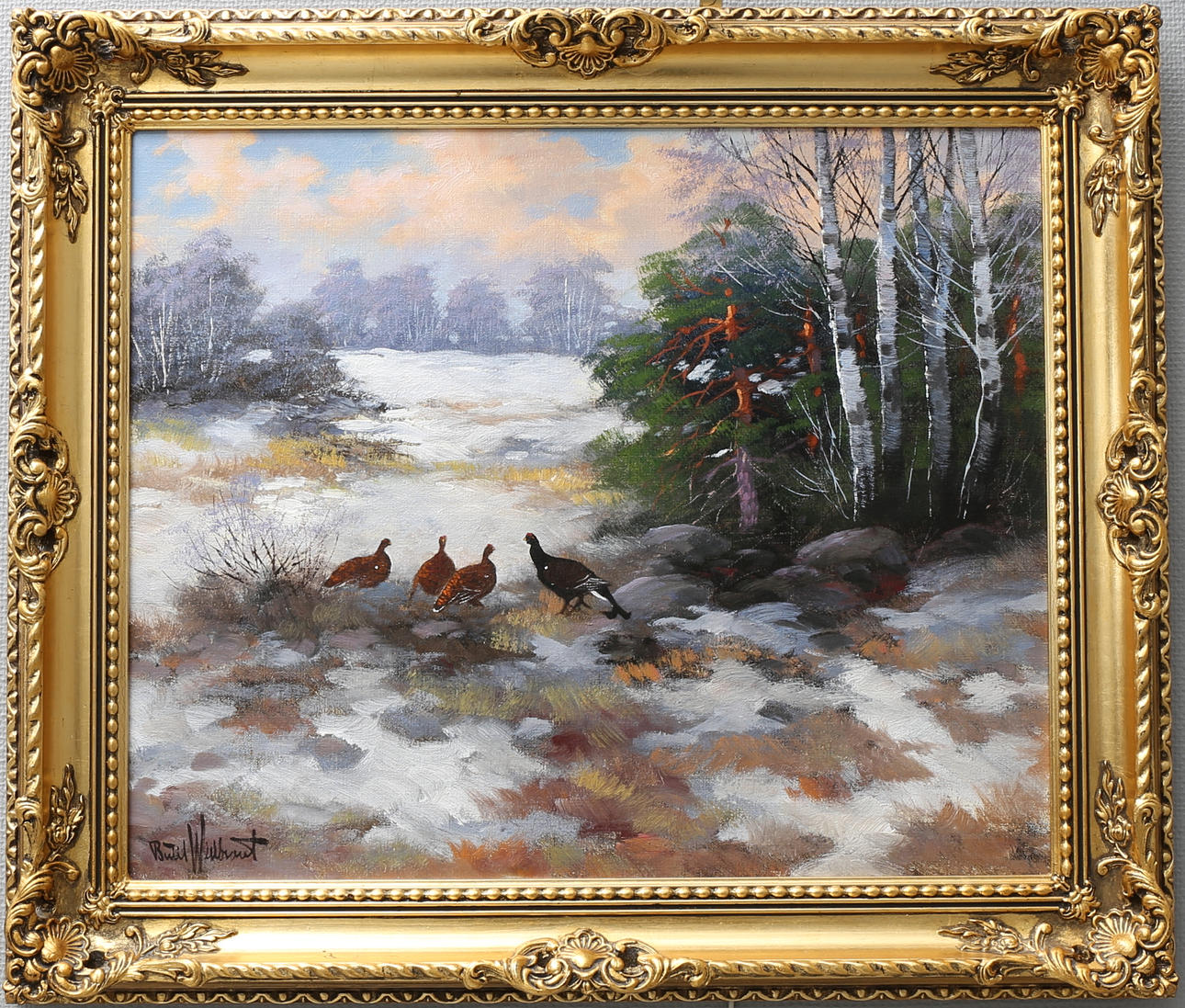 BERTIL WIDBRANDT. Tjädrar i skogsglänta. Olja på duk, signerad.