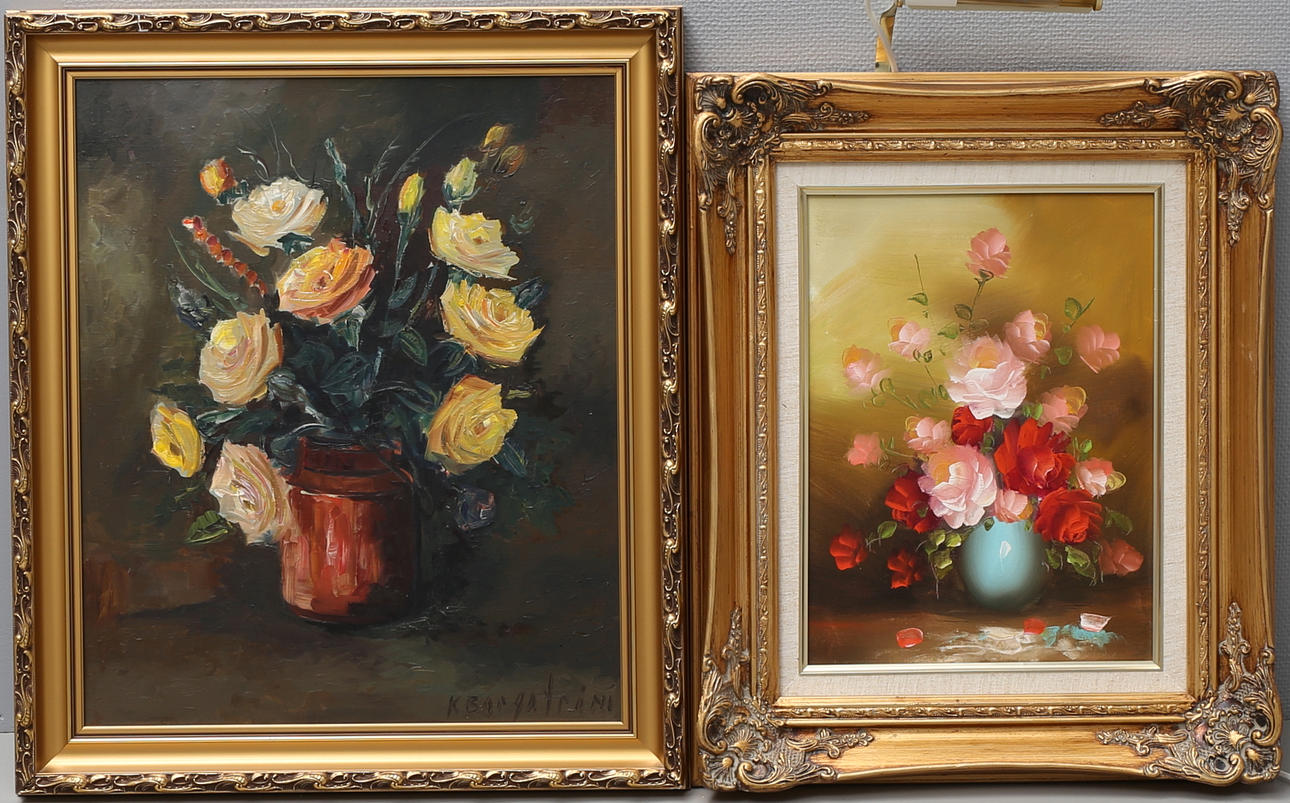 OIDENTIFIERADE KONSTNÄRER. Blomsterstilleben, 2 st. Olja på duk, en signerad K. Borgström.