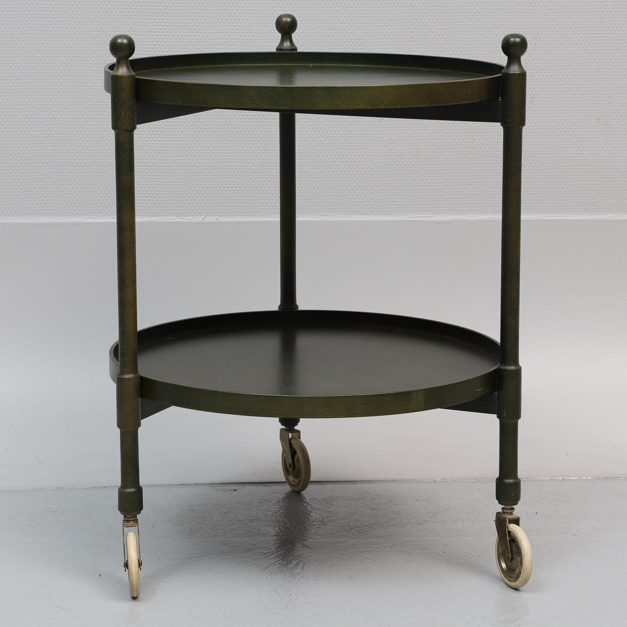 SERVING TROLLEY/ TRAY TABLE on wheels, green stained wood, probably DS Möbler.