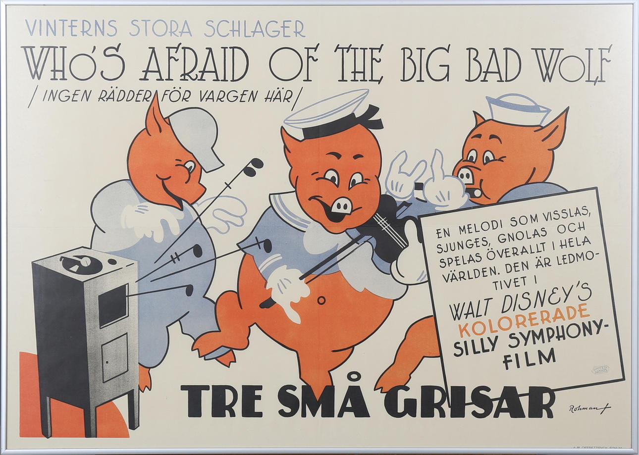 PLANSCH, Tre små grisar, offsettryck, Walt Disney. 1950/60-tal.