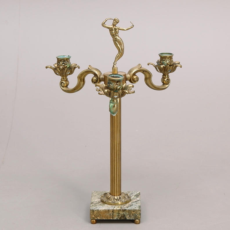 KANDELABER, mässing/ sten, ljusstake för tre ljus, 1900-talets första hälft.