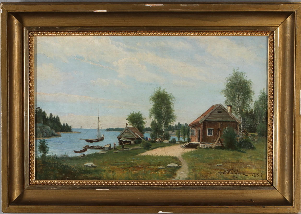 CARL AUGUST FAHLGREN. Stugor vid vatten, olja på duk, signerad samt daterad 1885.