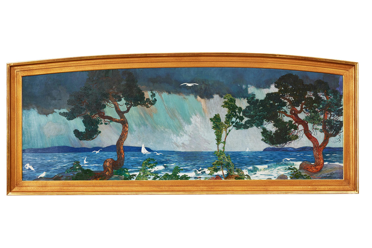 HELMER OSSLUND. "Våren", olja på duk, 90 x 255 cm.