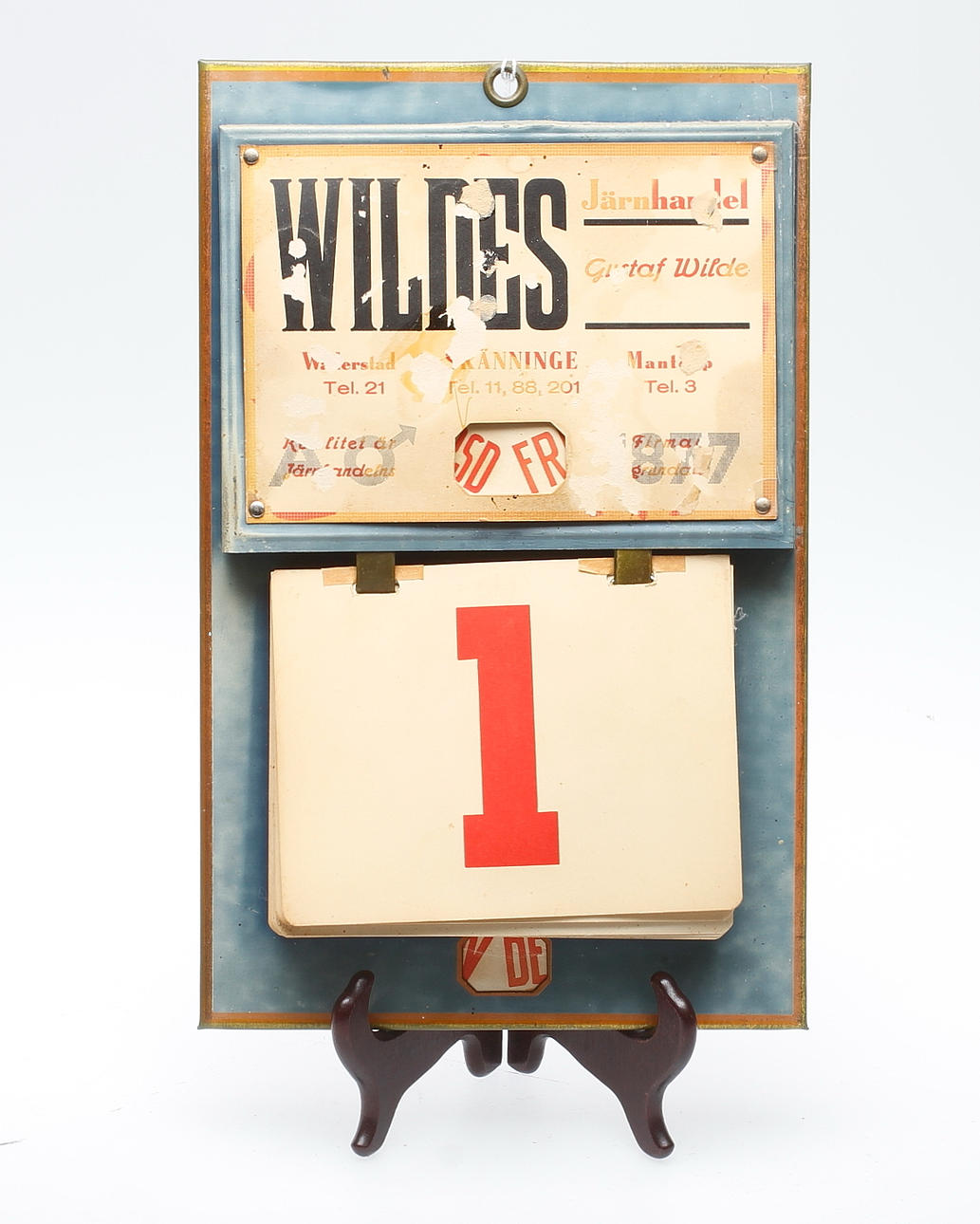 VÄGGALMANACKA, plåt, Wildes järnhandel, Wäderstad/Skänninge/Mantorp, 1920-tal.
